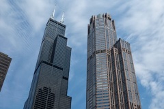 Willis Tower (1973) at left, second-tallest building in the Western Hemisphere (442 m) after One World Trade Center (541 m), with 311 South Wacker Drive (1990) at right (293 m)