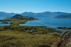 Lake Mikri Prespa with boardwalk to island of Agios Achilleios  